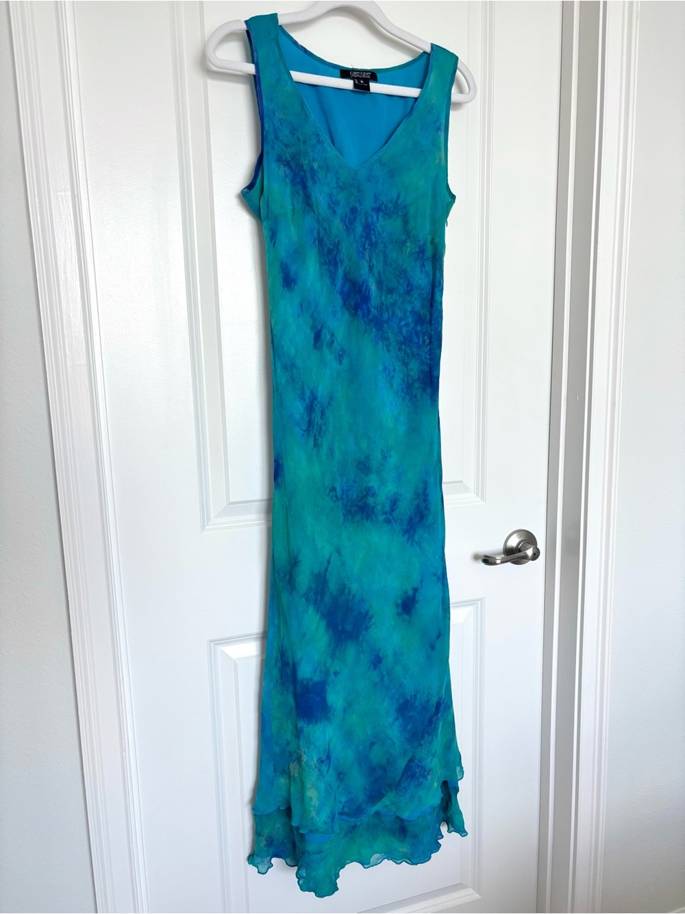 Vintage 100% Silk Karen Kane Dress M Teal Blue Abstract Boho Resort Mermaidcore